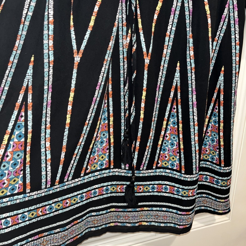 Signature Studio Geometric Tribal Print V-Neck Dress Black XL Boho Tassel Tie - Picture 6 of 10